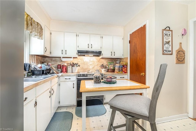 kitchen featuring sink, backsplash, white cabinetry, and stainless steel range with electric cooktop