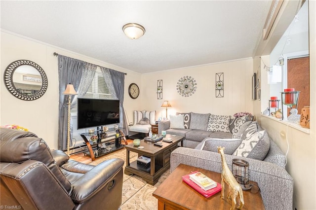 living room with crown molding