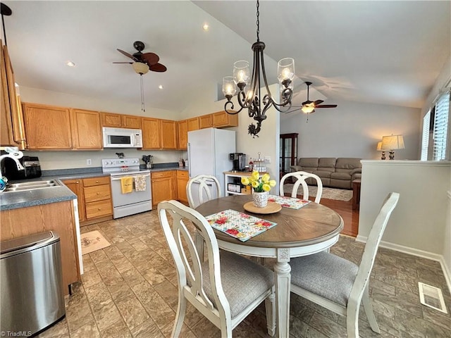 266 Sailway Rd, Winston-Salem, NC 27127 - kitchen featuring white appliances, a ceiling fan, a sink, lofted ceiling, and dark countertops