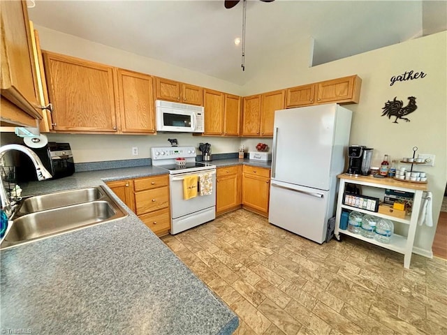 266 Sailway Rd, Winston-Salem, NC 27127 - kitchen with white appliances, a sink, and ceiling fan