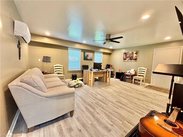 266 Sailway Rd, Winston-Salem, NC 27127 - living room with a wall mounted air conditioner, ceiling fan, light wood finished floors, baseboards, and recessed lighting