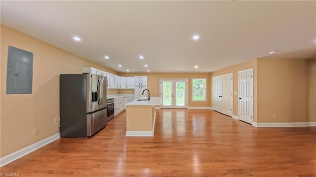 2209 Bracyridge Rd, Greensboro, NC 27407 - kitchen with appliances with stainless steel finishes, electric panel, a sink, light wood-type flooring, and white cabinets