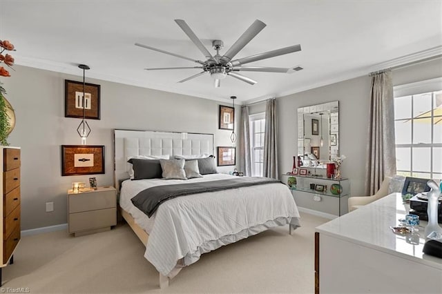 bedroom featuring crown molding, light colored carpet, multiple windows, and ceiling fan