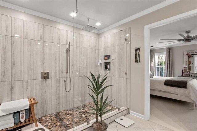 interior space with light tile patterned floors and ceiling fan