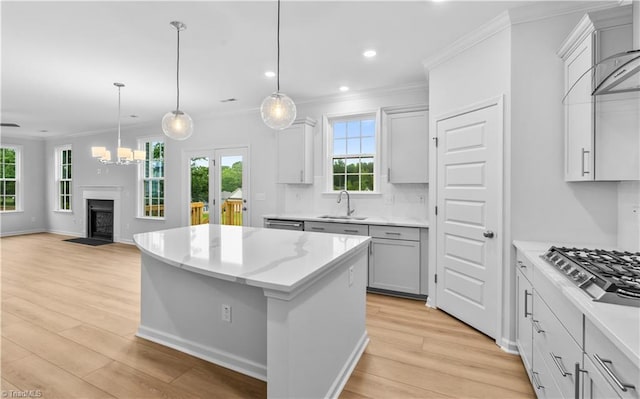 700 Fairmile Dr, Greensboro, NC 27455 - kitchen with a sink, crown molding, light wood finished floors, gray cabinetry, and open floor plan