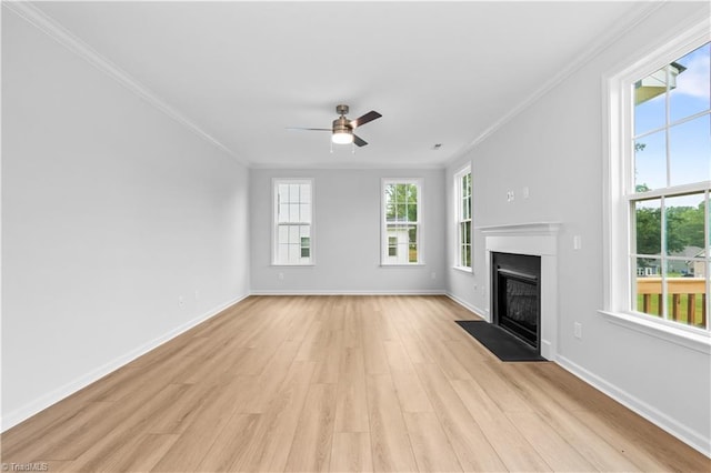 700 Fairmile Dr, Greensboro, NC 27455 - unfurnished living room featuring ornamental molding, light wood-style floors, ceiling fan, a fireplace with flush hearth, and baseboards