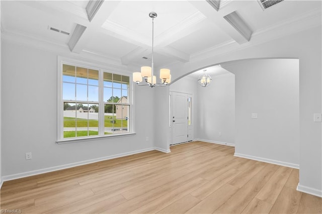 700 Fairmile Dr, Greensboro, NC 27455 - unfurnished dining area featuring a chandelier, light wood-style flooring, beamed ceiling, coffered ceiling, and arched walkways