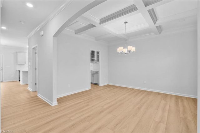 700 Fairmile Dr, Greensboro, NC 27455 - unfurnished living room with crown molding, beamed ceiling, light wood-type flooring, recessed lighting, and a chandelier