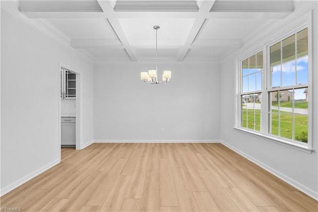 700 Fairmile Dr, Greensboro, NC 27455 - empty room with a chandelier, light wood finished floors, beam ceiling, coffered ceiling, and baseboards