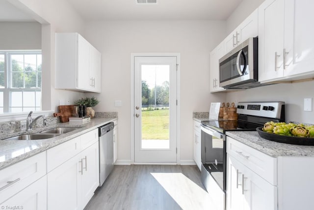 kitchen with a healthy amount of sunlight, white cabinetry, sink, and appliances with stainless steel finishes