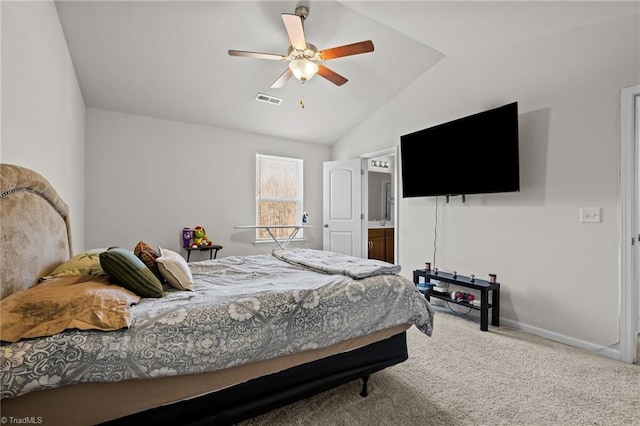 bedroom featuring ceiling fan, visible vents, baseboards, vaulted ceiling, and carpet