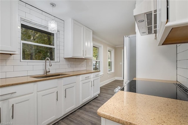 kitchen with dark hardwood / wood-style flooring, ornamental molding, sink, decorative light fixtures, and white cabinets