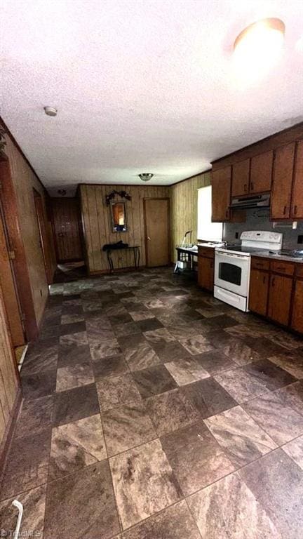 225 Dan Bryant Rd, Pilot Mountain, NC 27041 - kitchen with white electric stove, under cabinet range hood, wood walls, and a textured ceiling