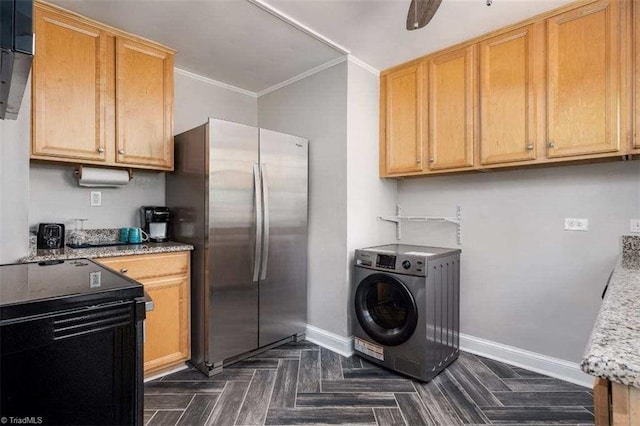 3006 Collier Dr, Greensboro, NC 27403 - kitchen with freestanding refrigerator, washer / clothes dryer, ornamental molding, light stone counters, and black range with electric stovetop