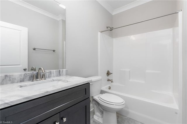 full bathroom with tile patterned floors, toilet, shower / tub combination, vanity, and ornamental molding