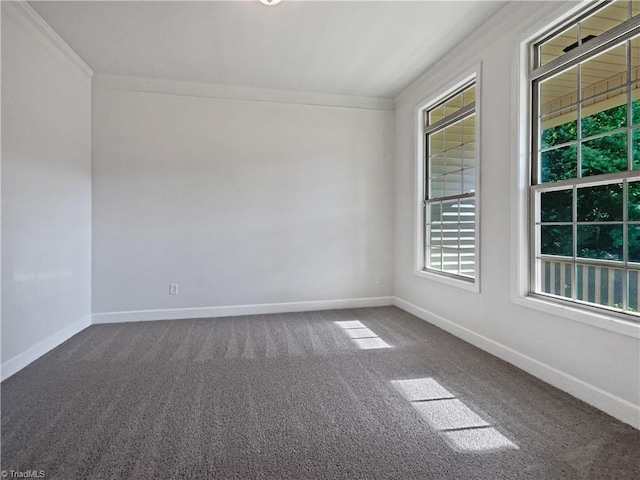 spare room featuring dark colored carpet, baseboards, and ornamental molding
