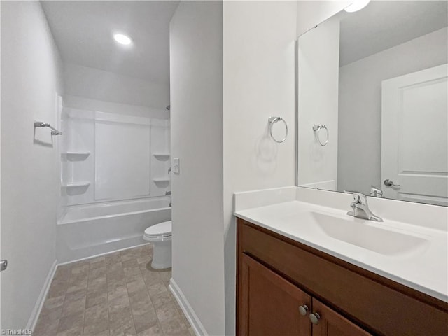 full bathroom featuring shower / bath combination, vanity, toilet, and baseboards