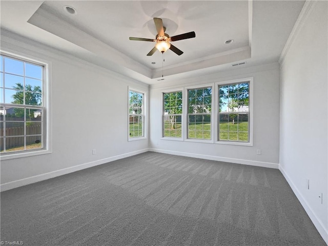 spare room with dark carpet, baseboards, a raised ceiling, ceiling fan, and ornamental molding
