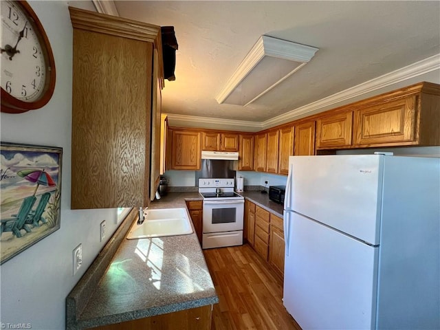 kitchen with crown molding, sink, white appliances, and light hardwood / wood-style flooring