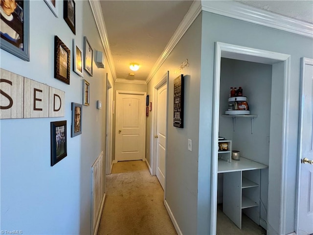 corridor featuring light carpet and ornamental molding