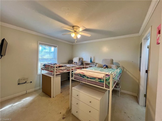 bedroom with crown molding, light colored carpet, and ceiling fan