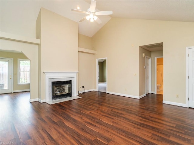 10 Cedar Knoll Ct, Greensboro, NC 27407 - unfurnished living room with ceiling fan, high vaulted ceiling, dark wood-style floors, and a fireplace