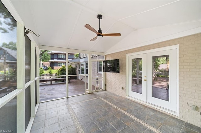3408 Deep Green Dr, Greensboro, NC 27410 - unfurnished sunroom featuring french doors, ceiling fan, and vaulted ceiling