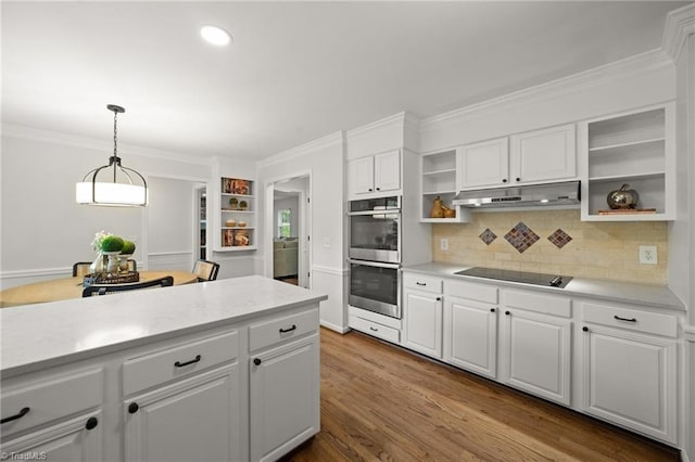 3408 Deep Green Dr, Greensboro, NC 27410 - kitchen with open shelves, double oven, black electric cooktop, under cabinet range hood, and light countertops