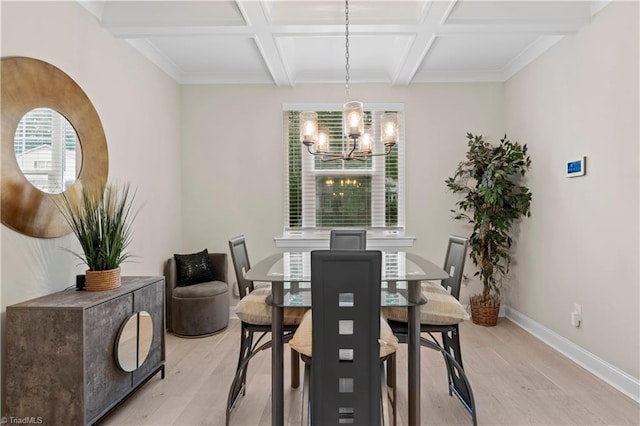 dining area featuring beamed ceiling, light hardwood / wood-style floors, coffered ceiling, and a chandelier