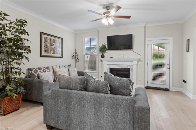 living room featuring a fireplace, light hardwood / wood-style flooring, and crown molding