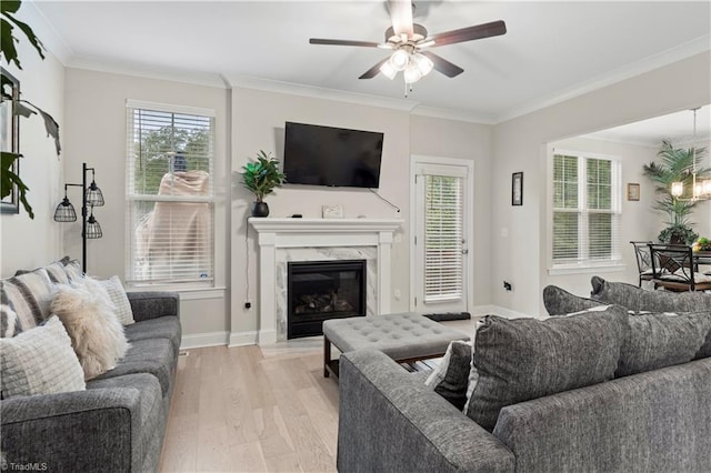 living room featuring a premium fireplace, crown molding, ceiling fan, and light hardwood / wood-style floors