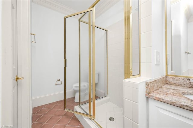 1000 Brookmeade Dr, Winston-Salem, NC 27106 - bathroom with a stall shower, vanity, tile patterned floors, and ornamental molding