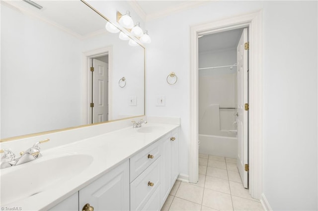 1000 Brookmeade Dr, Winston-Salem, NC 27106 - full bath featuring double vanity, tile patterned flooring, ornamental molding, and bathing tub / shower combination