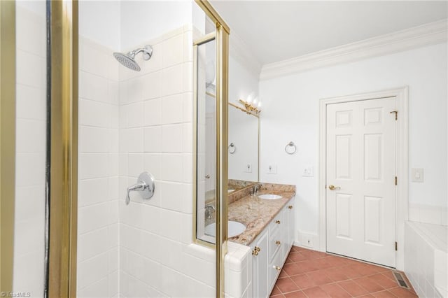 1000 Brookmeade Dr, Winston-Salem, NC 27106 - bathroom with a stall shower, crown molding, double vanity, and tile patterned floors