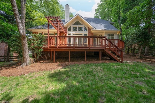 1000 Brookmeade Dr, Winston-Salem, NC 27106 - back of property with stairway, a lawn, a deck, a chimney, and a shingled roof