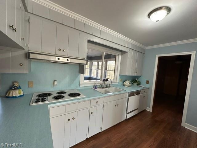 kitchen with dishwasher, white electric cooktop, sink, and white cabinets