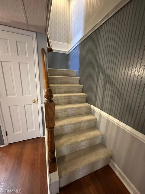 staircase featuring wood-type flooring