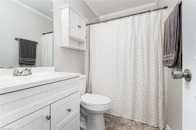 1896 Winds Dr, Winston-Salem, NC 27127 - bathroom with ornamental molding, vanity, and a shower with shower curtain