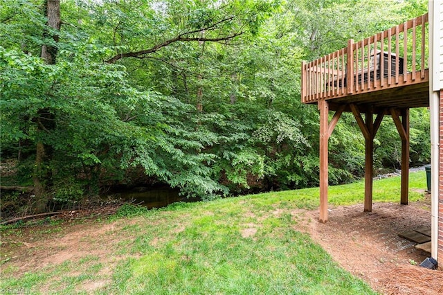 1896 Winds Dr, Winston-Salem, NC 27127 - view of grassy yard featuring a deck and a wooded view