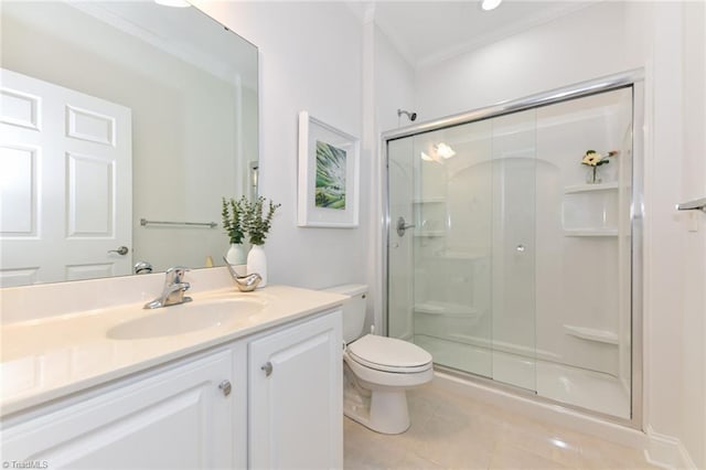 4294 Plantation Ridge Ln, Greensboro, NC 27409 - bathroom with tile patterned floors, a stall shower, vanity, and ornamental molding