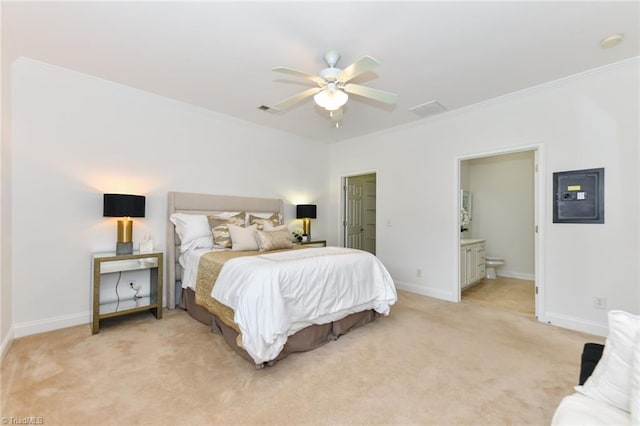 4294 Plantation Ridge Ln, Greensboro, NC 27409 - bedroom with ornamental molding, light carpet, ensuite bath, and ceiling fan