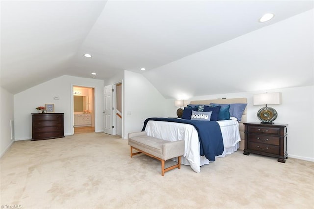 4294 Plantation Ridge Ln, Greensboro, NC 27409 - bedroom with light carpet, lofted ceiling, recessed lighting, and ensuite bathroom