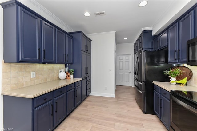 4294 Plantation Ridge Ln, Greensboro, NC 27409 - kitchen featuring blue cabinets, electric stove, light countertops, recessed lighting, and crown molding