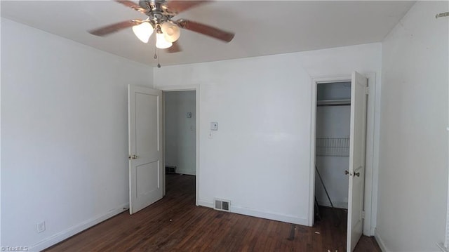 2806 Robin Hood Dr, Greensboro, NC 27408 - unfurnished bedroom featuring baseboards, visible vents, wood finished floors, a closet, and ceiling fan