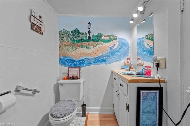 bathroom with hardwood / wood-style flooring, vanity, toilet, and ornamental molding