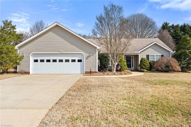 single story home with a front yard, driveway, and an attached garage