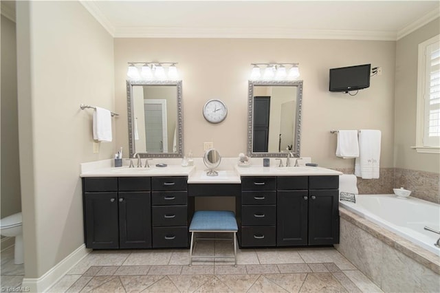 full bathroom featuring a bath, toilet, ornamental molding, and vanity