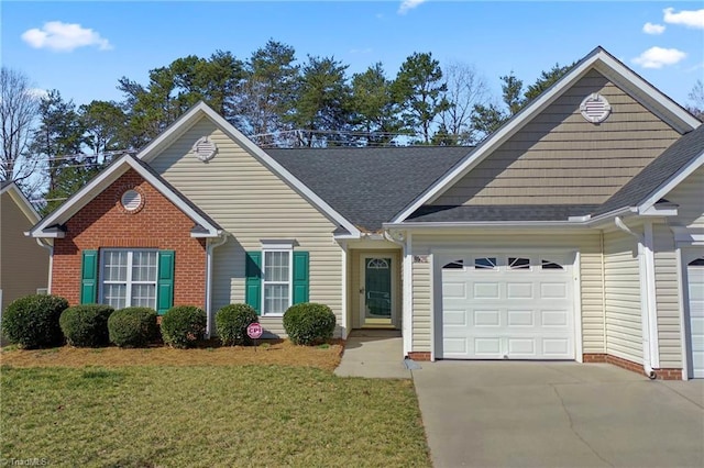 single story home with a garage, concrete driveway, a front lawn, and a shingled roof