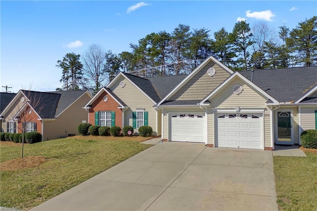 ranch-style house with a front yard, an attached garage, brick siding, and driveway