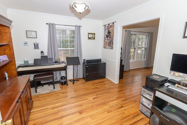 office space featuring ornamental molding and light wood-type flooring